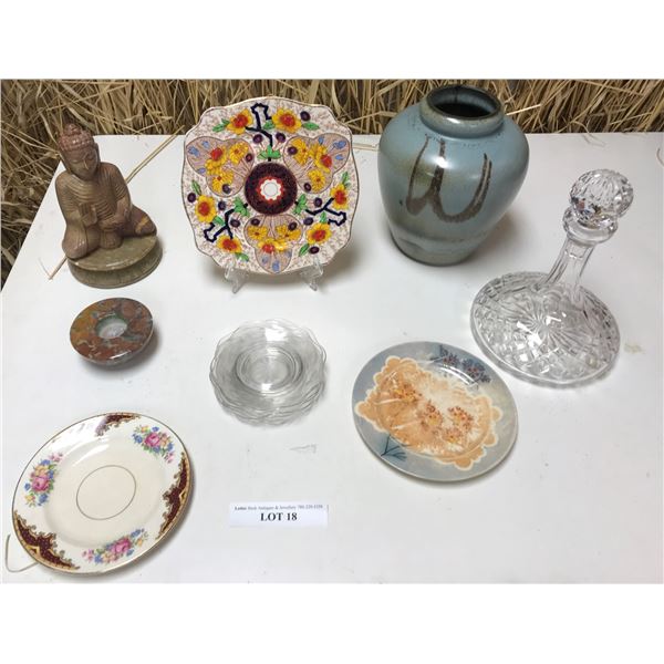 Crystal Decanter, Vase, Assorted Decorative Plates, Candle Holder, Buddha Statue