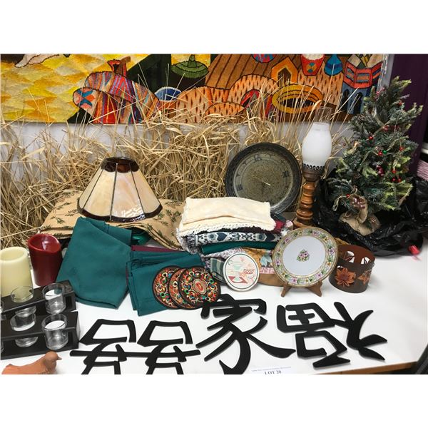 Small Christmas Tree, Assorted Cloths and Tablecloths, 2 3 Ring Candle Holders, 3 Coasters, Decorati