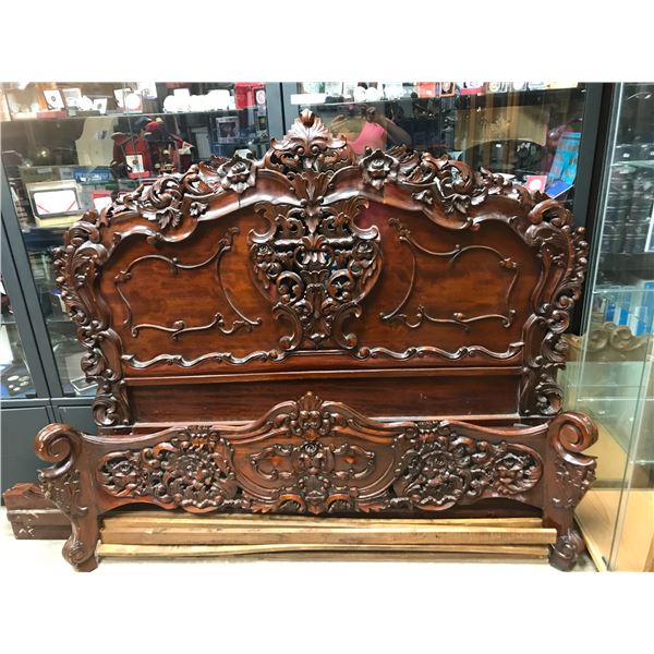 Opulent Hand Carved Wood Bed (Headboard, Footboard, Rails)
