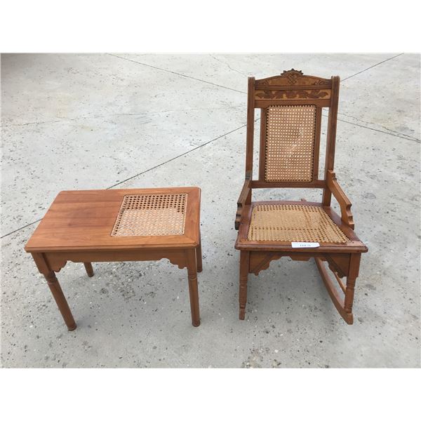 Antique Cane Chair & Side Table (Chair Back has a tear)