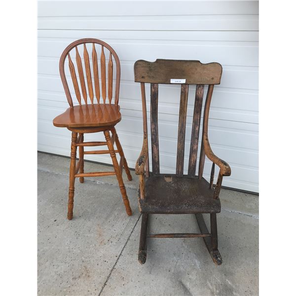 Wood High Chair (Swivels) & Antique Rocking Chair (1 Slat is missing)