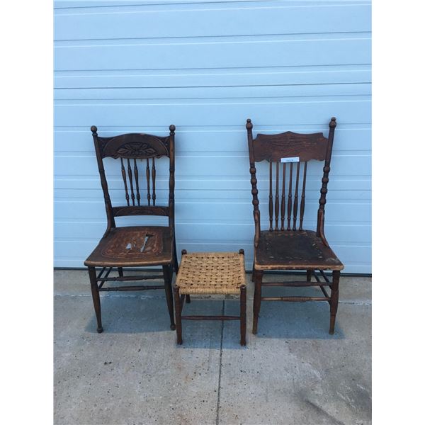 2 Antique Wood Chairs & Stool (1 Chair Requires Repair)