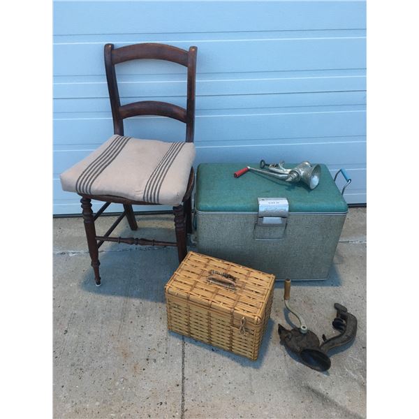Mid Century Modern Canned Chair, Meat Grinder, Meat Cutter, Basket, & Vintage Cooler