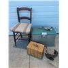 Image 1 : Mid Century Modern Canned Chair, Meat Grinder, Meat Cutter, Basket, & Vintage Cooler