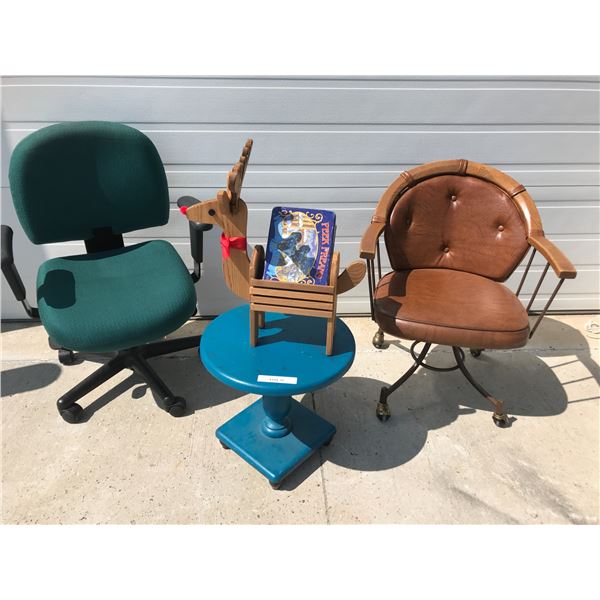 2 Desk Chairs (1 Leather), Small Blue Table & Reindeer Christmas Ornament
