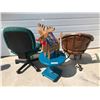 Image 2 : 2 Desk Chairs (1 Leather), Small Blue Table & Reindeer Christmas Ornament