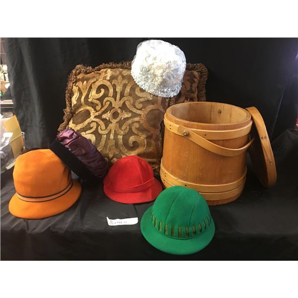 2 Decorative Throw Pillows. Hat Box, 5 1920's Style Hats