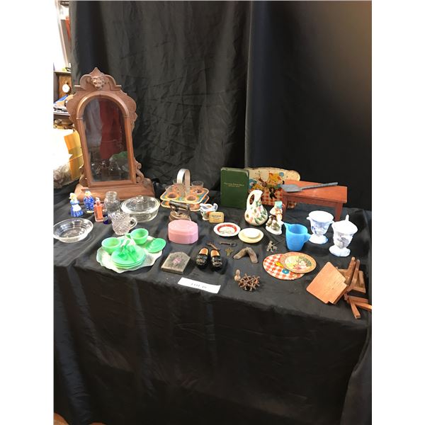 Perfume Bottles, Vintage Rouge Compact,  Clock Box (Pine Wood), Steel Jacks, Key Decor & various Chi