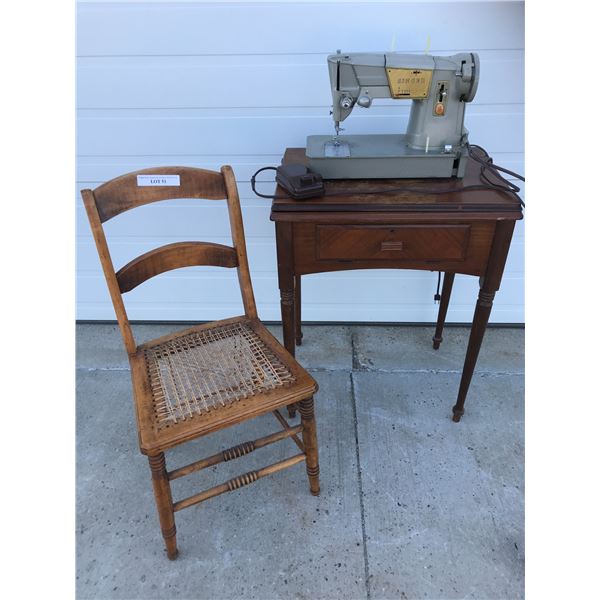 Vintage Singer Sewing Machine & Cabinet, Wood Chair w Caned Seat