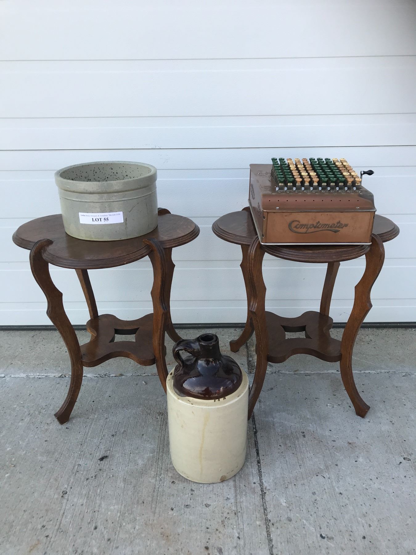2 Small Wood Side Tables, Compometer Adding Machine, Stoneware Jug & Pot