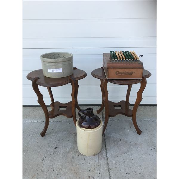 2 Small Wood Side Tables, Compometer Adding Machine, Stoneware Jug & Pot