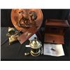 Image 2 : Copper Plate w Water Buffalo, 2 Cherry-wood Clocks (Bombay Co), Wine Decanter & Decorative Clock w M