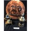 Image 3 : Copper Plate w Water Buffalo, 2 Cherry-wood Clocks (Bombay Co), Wine Decanter & Decorative Clock w M