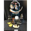 Image 1 : 2 Bronze Knight Statues , 2 Synthetic Alabaster Inuit Carvings, Baby Moccasins, Porcelain Baby Dolls