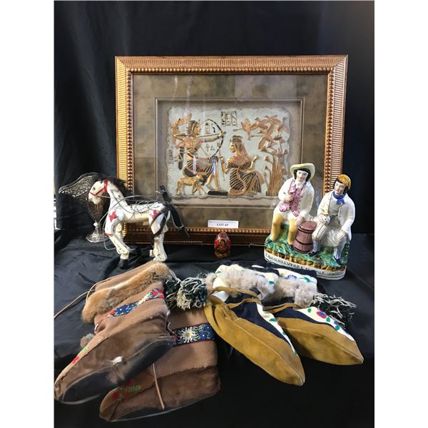 Egyptian Picture, 2 pr Moccasins (1 hole at bottom), Ornate Egg w Mary Picture, Marionette Horse, Si