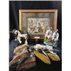Image 1 : Egyptian Picture, 2 pr Moccasins (1 hole at bottom), Ornate Egg w Mary Picture, Marionette Horse, Si
