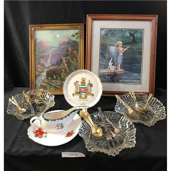 Framed Spencer's Catch Print by Barbara Catch Painting, Bear Print, 3 Crystal Bowls, Stainless & Sil