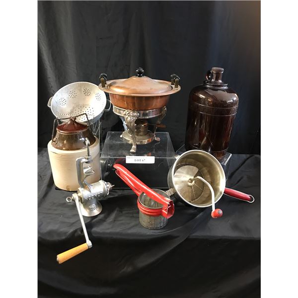 Copper Fondue Pot, Stoneware Jug, Flour Sifter, Lg Brown Whisky Jug, Meat Grinder, Strainer & Potato