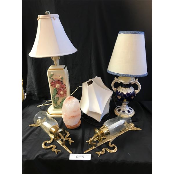 Beautiful Brass & Glass Angel Scone Candle Holders, Salt Lamp, 2 Lamps & White Vase