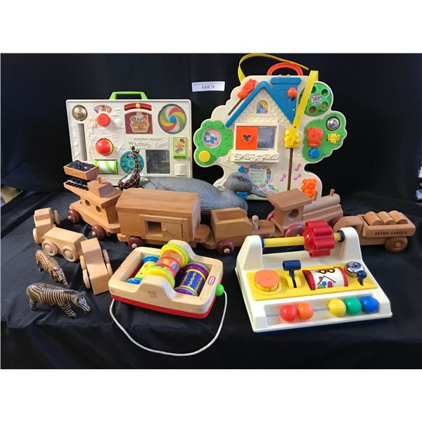 6 Fisher Price Activity Centre (1 not shown), 2 Wood Toy Trains (1 Petro Canada), Wood Zebra, Giraff