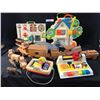 Image 1 : 6 Fisher Price Activity Centre (1 not shown), 2 Wood Toy Trains (1 Petro Canada), Wood Zebra, Giraff