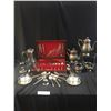 Image 1 : Silver Plate Cutlery in Wood Box, Candle Holder, Decanter, Coffee Pot, Teapot Cream & Sugar, Cups/Sa