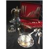 Image 3 : Silver Plate Cutlery in Wood Box, Candle Holder, Decanter, Coffee Pot, Teapot Cream & Sugar, Cups/Sa