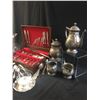 Image 4 : Silver Plate Cutlery in Wood Box, Candle Holder, Decanter, Coffee Pot, Teapot Cream & Sugar, Cups/Sa