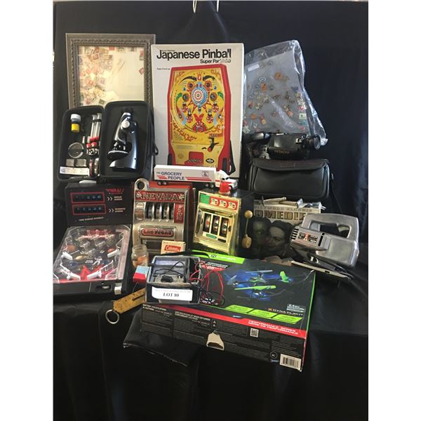 Sky Viper Stunt Drone, Space Slayer Pinball Machine, 2 Nevada Slot Machines, Grocery People Toy Truc