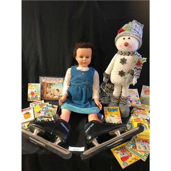 Magnum Hockey Skates, Wendy Walker Doll, Large Snowman, Asst Comics & Books incl Archie, Casper, Hea