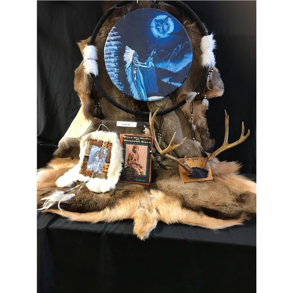 Deer Hyde, Deer Antlers, Huge Native American Dream Catcher, Rabbit Fur & Feather Painting & Bury my