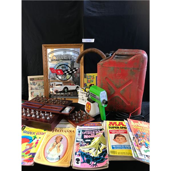 Corvette Mirror, Wood Backgammon/Tic Tac Toe/Cribbage Game, Everspray Interconti 250 Sprayer, Comics