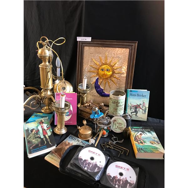 Brass Chandelier, Sun/Moon Framed Wall Decor, Cherub Gold Box, Little Scout Cook Stove, Asst Books i