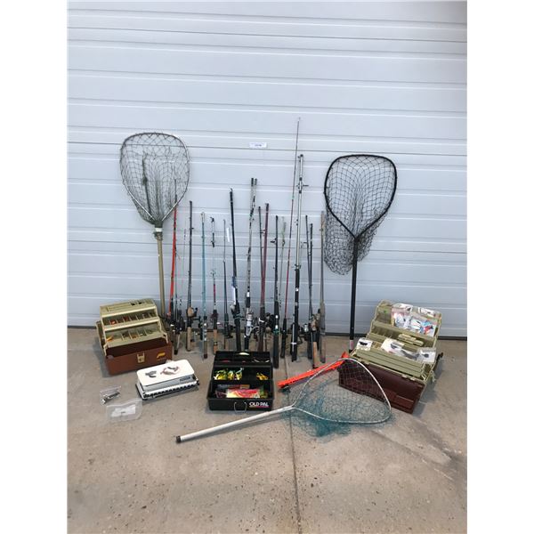 3 Tackle Boxes, Fishing Lure, 3 Fishing Nets & Large Variety of Fishing Rods