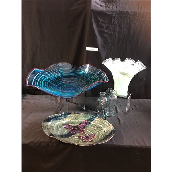 Large Murano Hand-blown Glass Bowls & Vase, Butterfly Bowl & 2 Glass Bottles