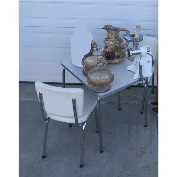 Children's Mid Century Modern Table & Chair Set, Decorative Pitcher, Meat Grinder & 2 Vintage Tiered