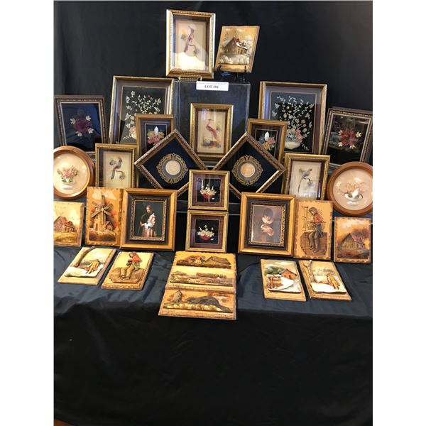 Large Selection of Shell Pictures (2 w Bubble Glass), Framed Porcelain Medallions & Vintage Carved W