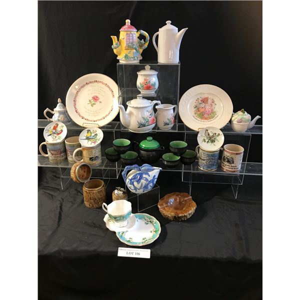 Asst Teapots, Coffee Pots, Creamer/Sugar, Teacups, Plates, Mugs, Bowls, Matching Lighter, Ashtray & 