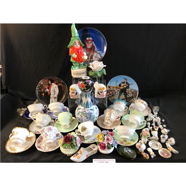 Lg Selection of Teacups/Saucers, Asst Plates, Crystal Door Knobs, 2 Porcelain Rose Baskets (1 damage