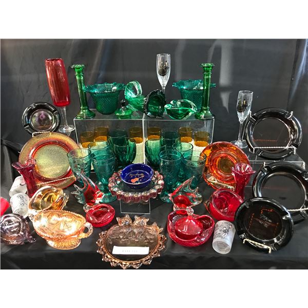 4 Vintage Ashtrays, Carnival Glass Gravy Bowl, Murano Glass,  3 Horn of Plenty Bowls, Mid Century Mo