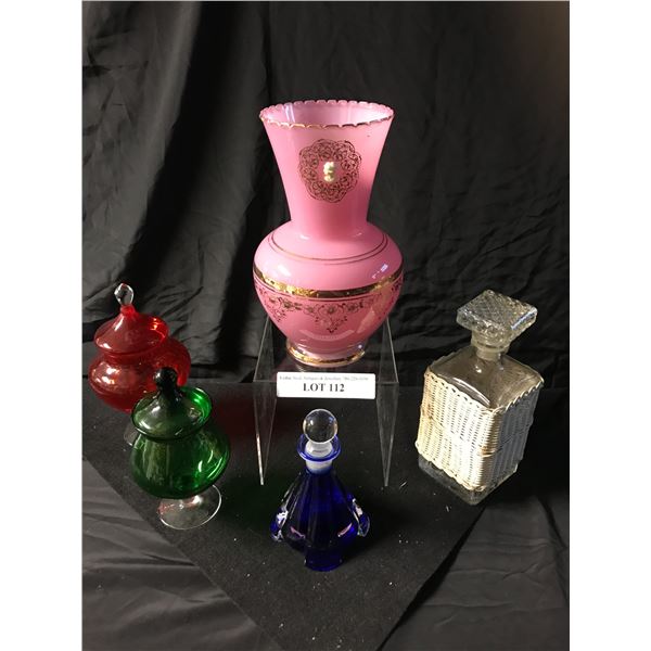 Mid Century Modern Decanter, Pink Vase, Blue Perfume Bottle, 2 Candy Dishes w Lids