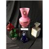 Image 1 : Mid Century Modern Decanter, Pink Vase, Blue Perfume Bottle, 2 Candy Dishes w Lids
