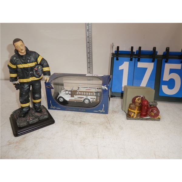 Fireman figurine, 1928 Reo fire truck, coasters