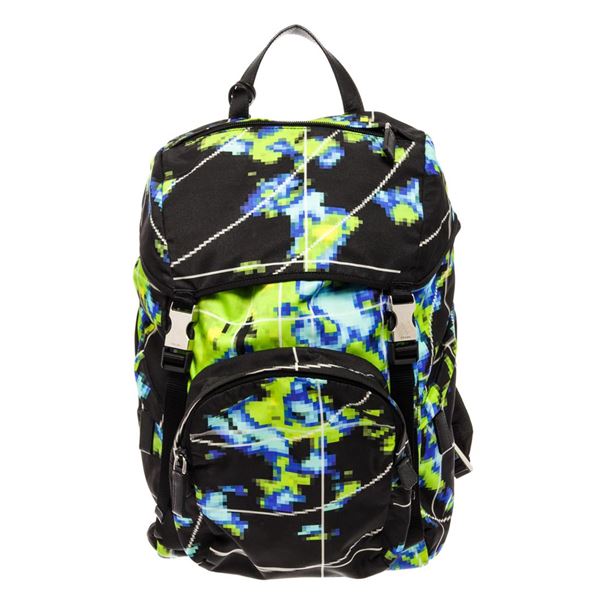 Prada Black Multicolor Print Tessuto Front Pocket Double Buckle Backpack