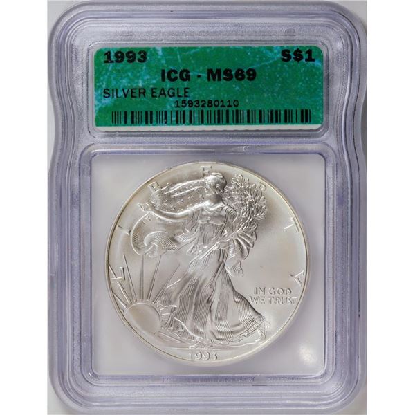 1993 American Silver Eagle .999 Fine Silver Dollar Coin ICG MS69