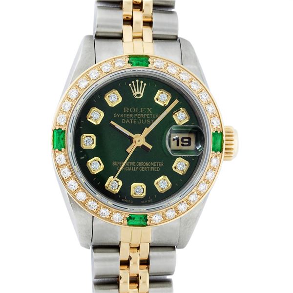 Rolex Ladies 2 Tone Green Diamond & Emerald Datejust Wristwatch