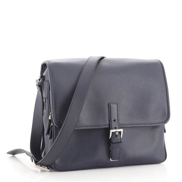 Prada Buckle Flap Messenger Bag Saffiano Leather Medium Blue