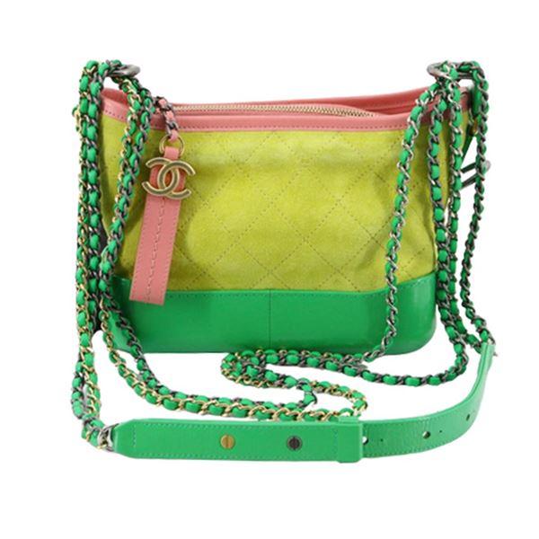 Chanel Green Multicolor Quilted Lambskin Suede Leather Gabrielle Small Hobo Bag