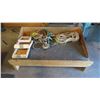 Image 1 : Wood bench (dog bed pedestal) with (3) custom shelves + lengths of rope - 48W 29D 18T