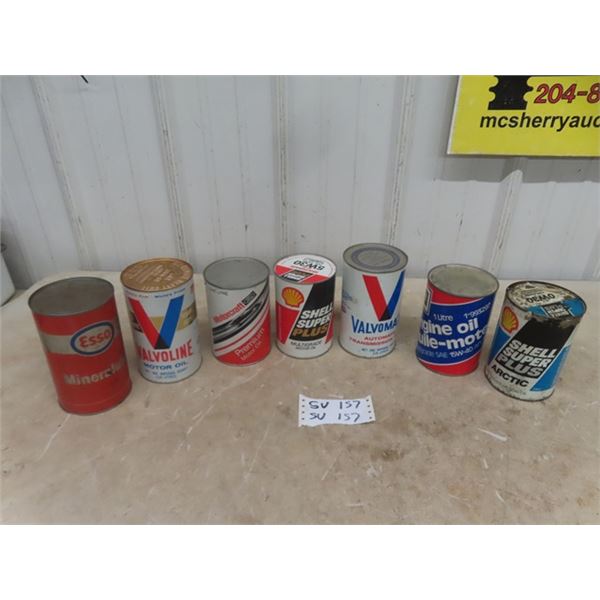 7 Oil Quart Cans - Full of Product ; Shell, Valvoline, Motorcraft, GM